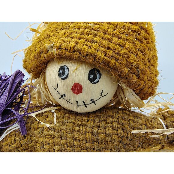 Scarecrow Figure Handmade Fall 7.5 In Wood Base Halloween Pumpkin Harvest Decor - Picture 4 of 15